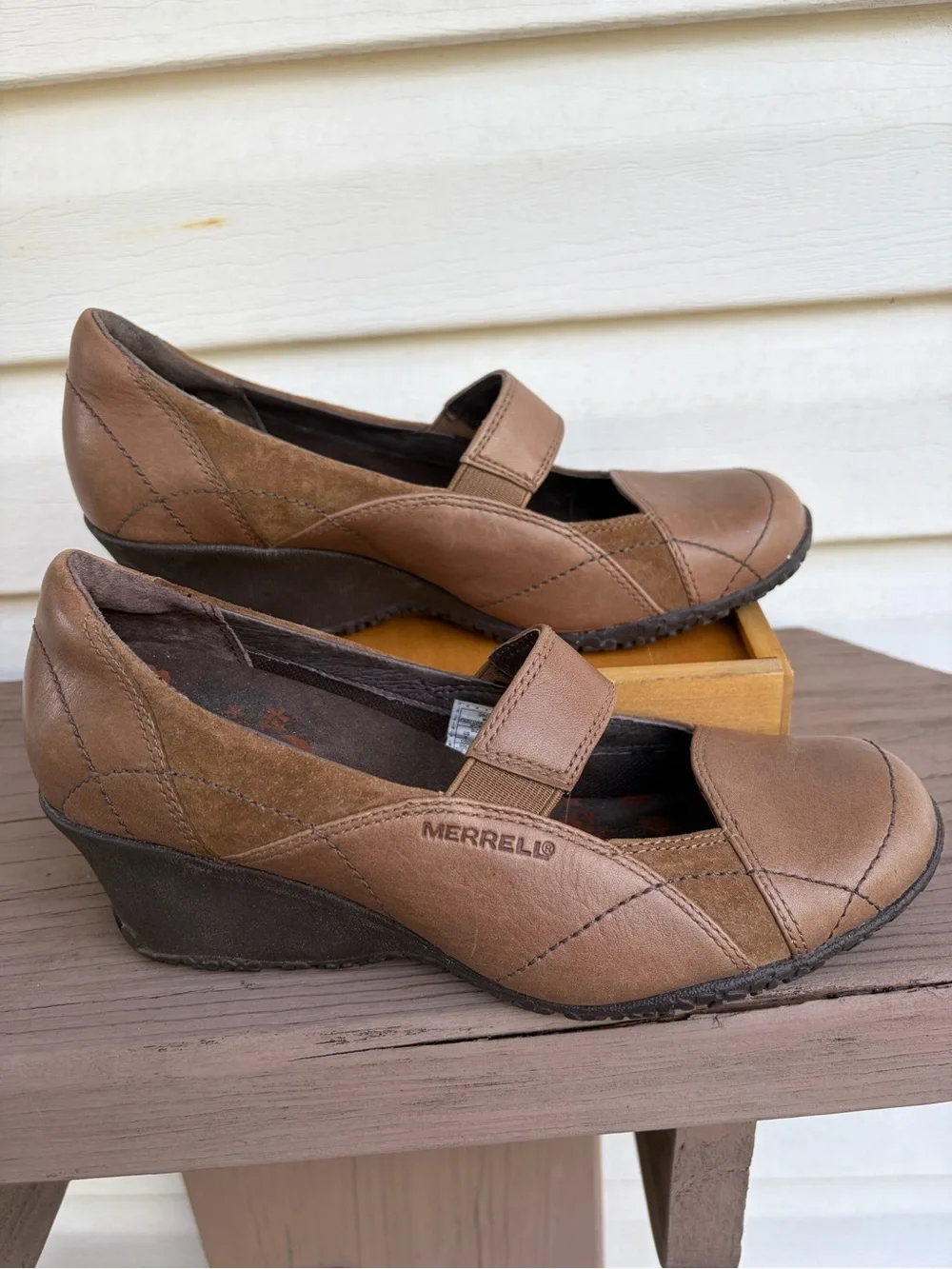 Merrell Orchid Tan Leather Suede Mary Jane Wedge Shoes Vibram Women’s 6